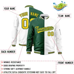 Green White Split Two Tone Full-Zip Letterman Bomber Jacket 2
