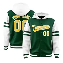 Green White Three Stripes Full-Snap Raglan Varsity Letterman Jacket Hoodie