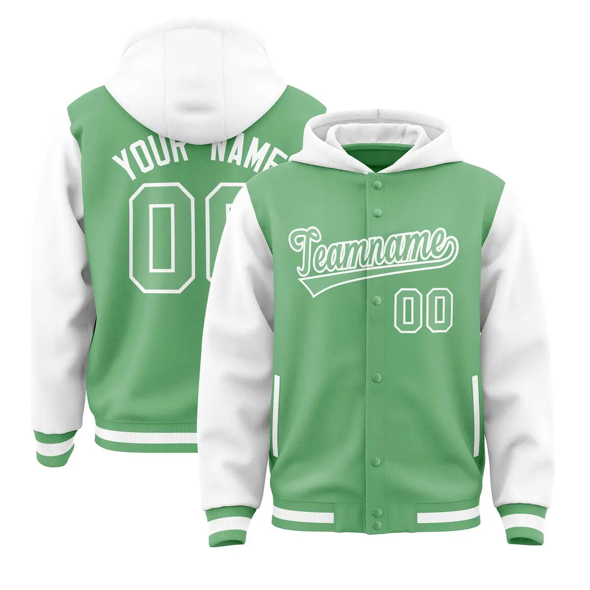 Green White Two Tone Raglan Varsity Letterman Jacket Hoodie