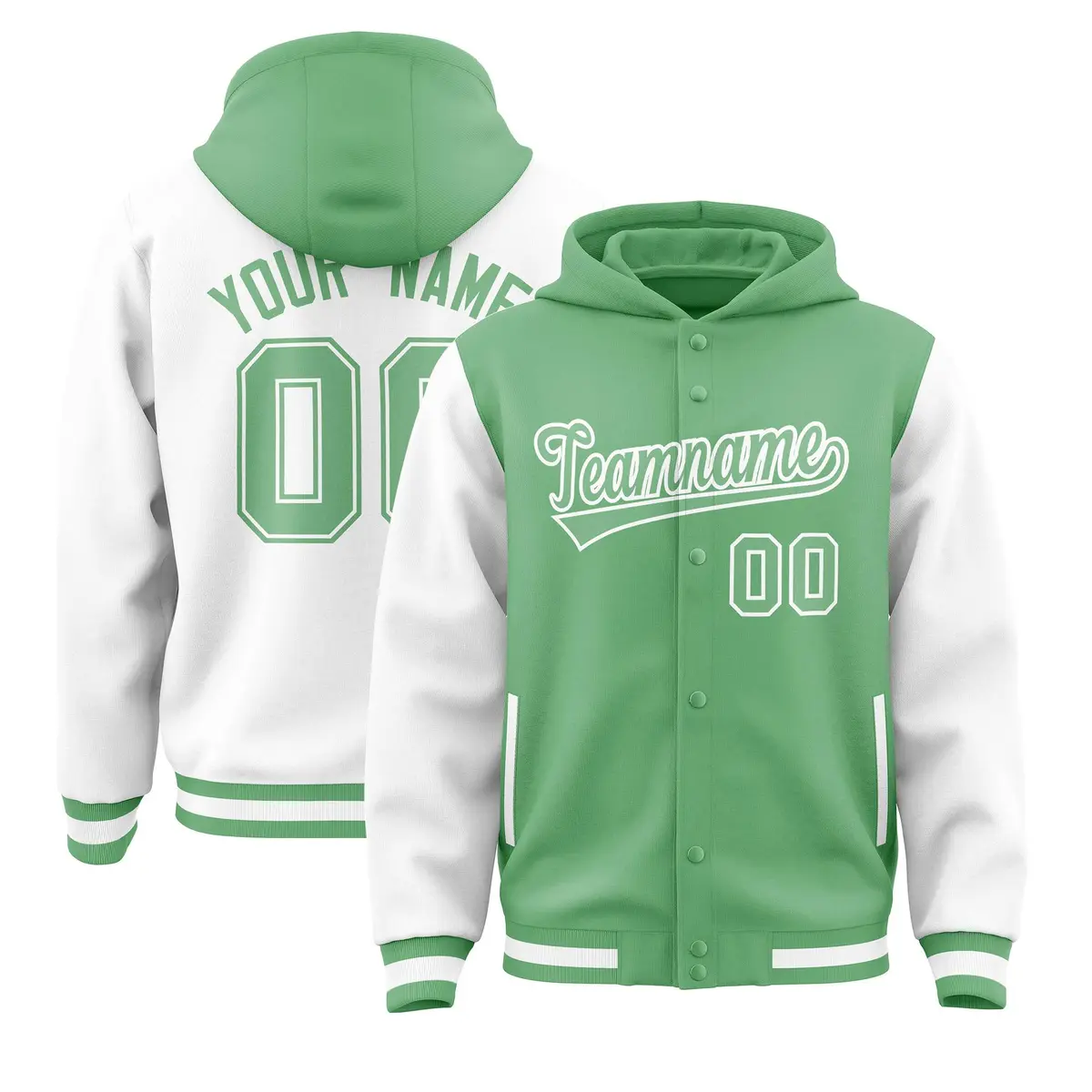 Green White Two Tone Raglan Varsity Letterman Jacket Hoodie