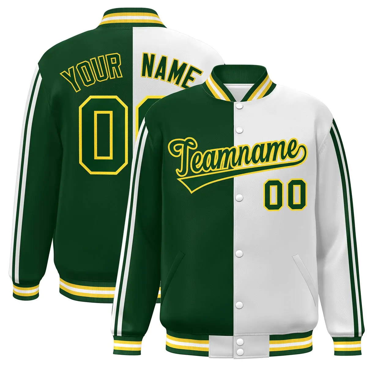 Green White-Yellow Color Block Varsity Baseball Bomber Jacket