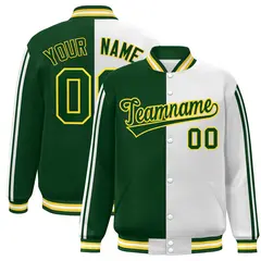 Green White-Yellow Color Block Varsity Baseball Bomber Jacket