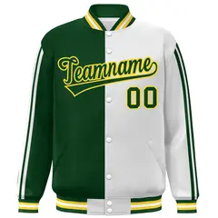 Green White-Yellow Color Block Varsity Baseball Bomber Jacket 3