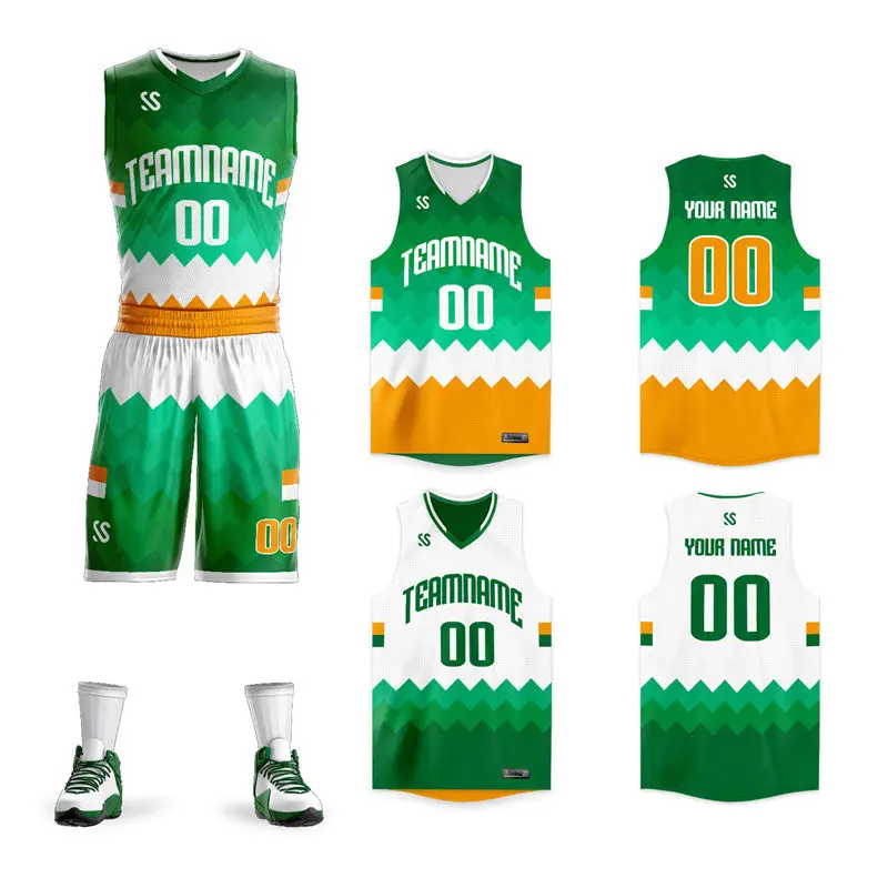 Green White-Yellow Double Side Sets Basketball Jersey
