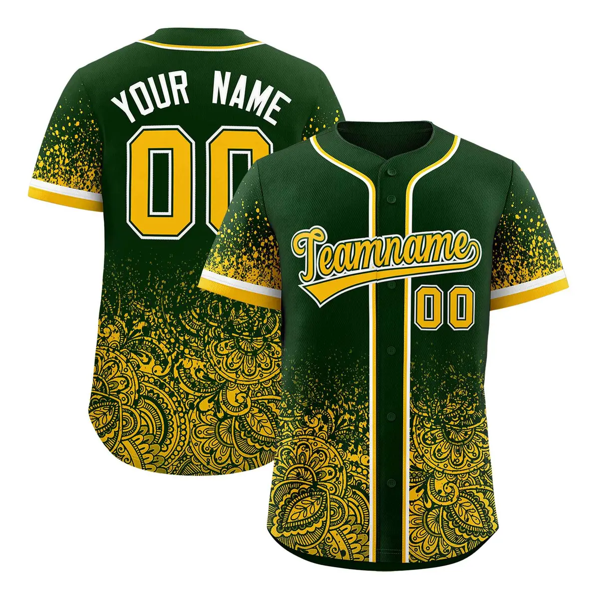 Green Yellow Floral Gradient Full Button Baseball Jersey