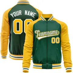 Green Yellow Raglan Sleeves Varsity Full-Zip Letterman Baseball Jacket