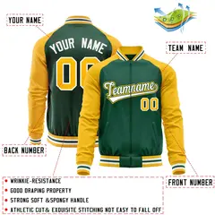 Green Yellow Raglan Sleeves Varsity Full-Zip Letterman Baseball Jacket 4