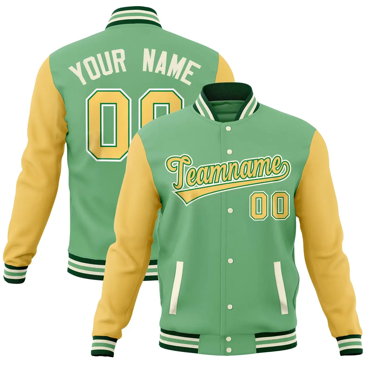 Green Yellow Varsity Raglan Sleeves Letterman Baseball Jacket