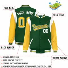 Green Yellow-White Color Block Varsity Baseball Jacket 2
