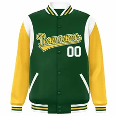 Green Yellow-White Color Block Varsity Baseball Jacket 3