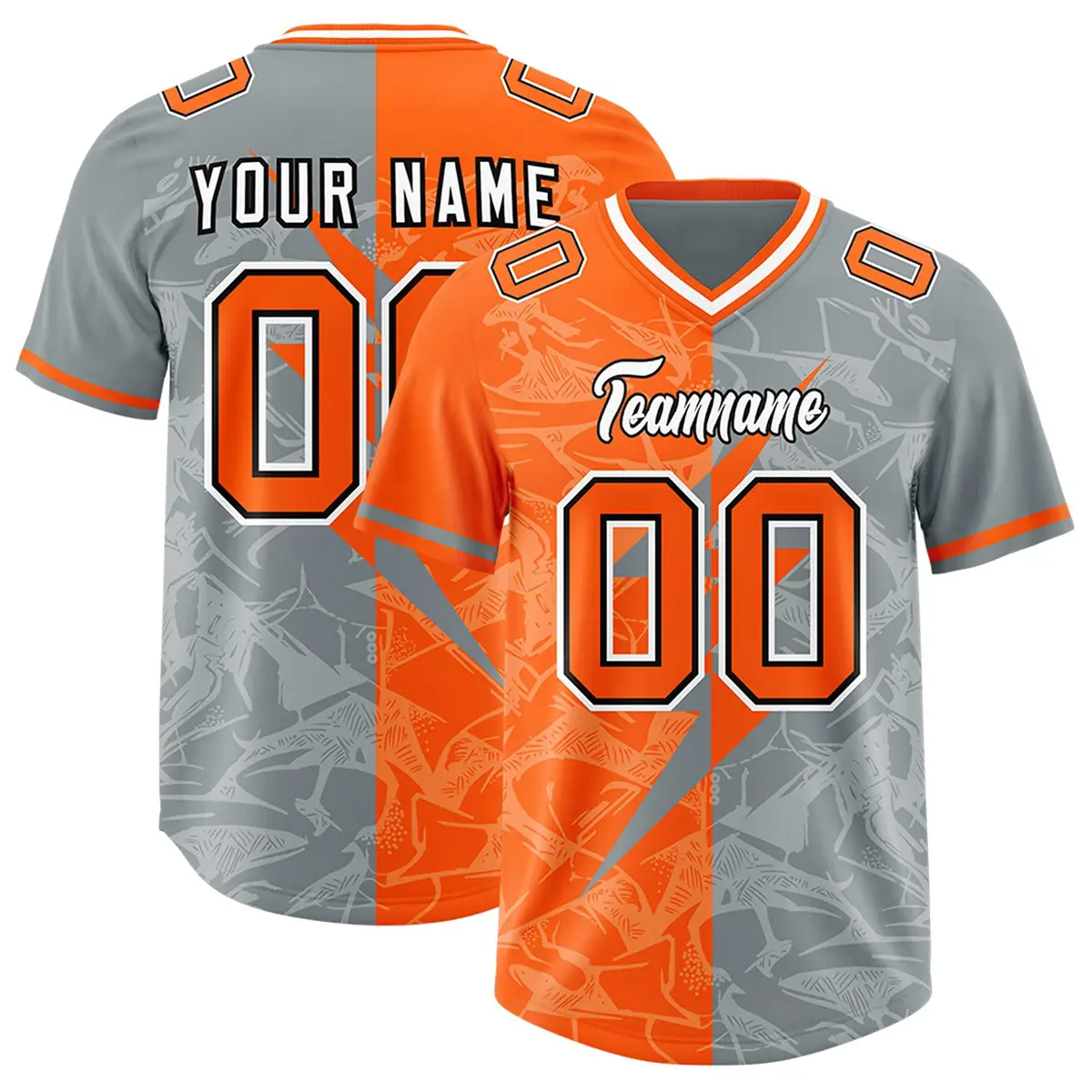 Grey Orange Split Lightning Pattern Football Jersey