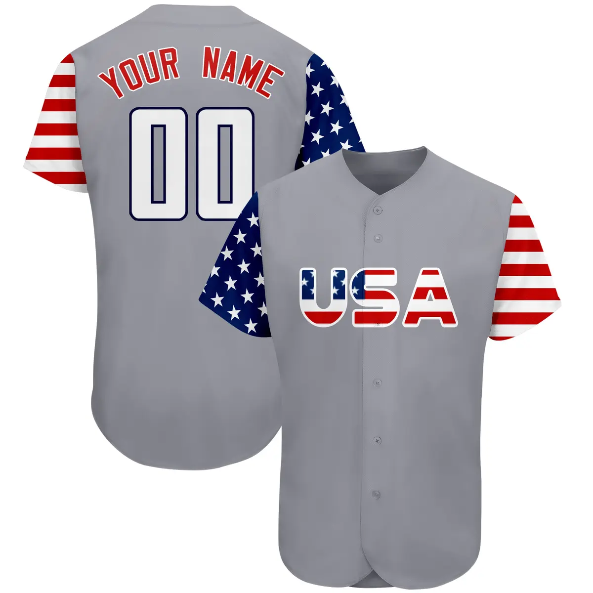 Grey White-Navy American Flag Baseball Jersey