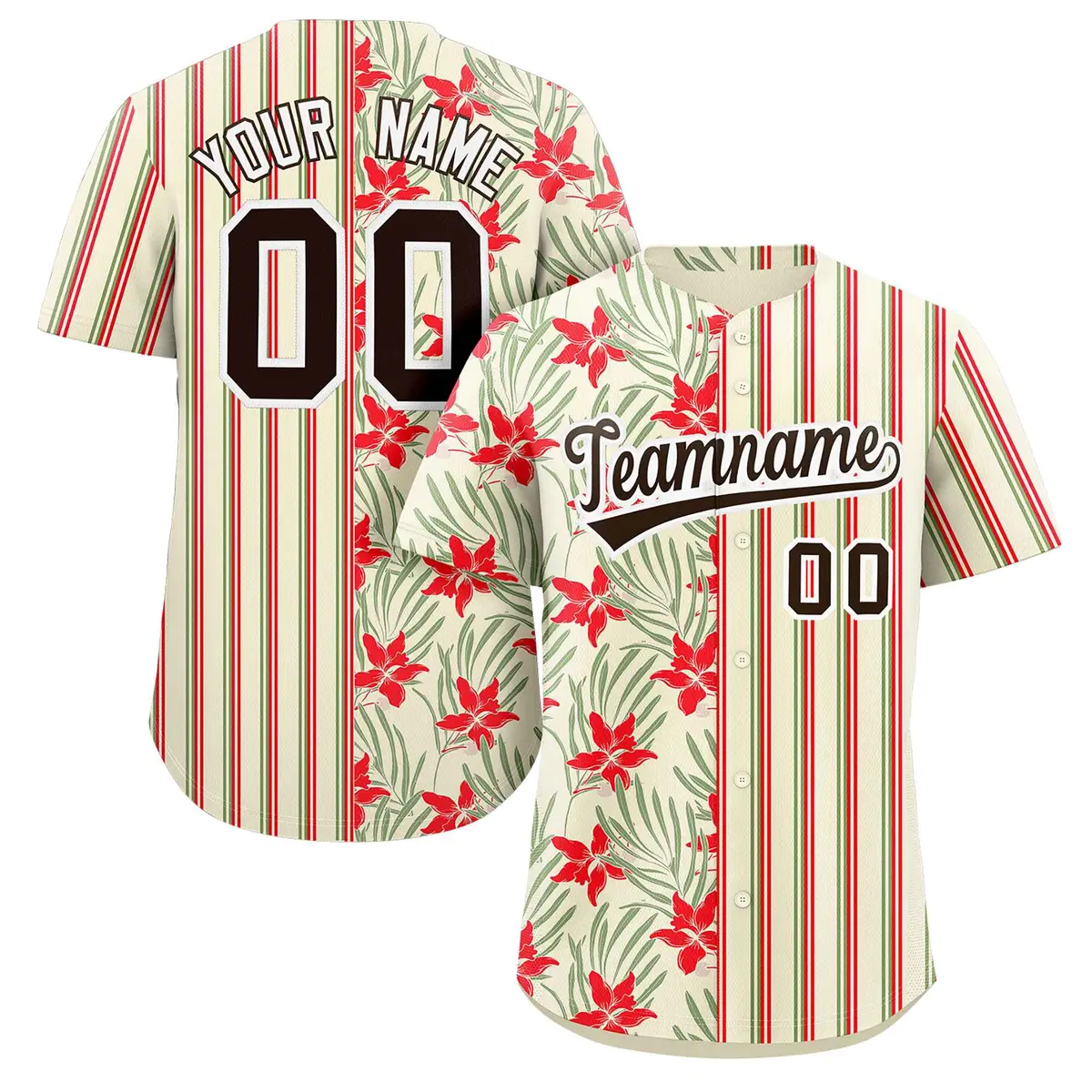 Hawaii Tropical Flower Stripe Baseball Jersey Khaki Red-Green