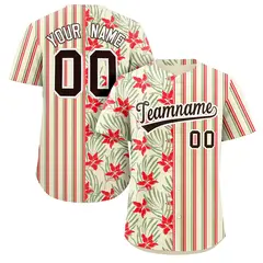 Hawaii Tropical Flower Stripe Baseball Jersey Khaki Red-Green