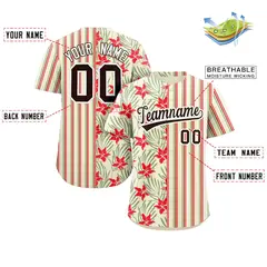 Hawaii Tropical Flower Stripe Baseball Jersey Khaki Red-Green 2