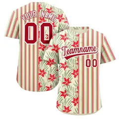 Hawaii Tropical Flower Stripe Baseball Jersey Khaki Red-Green