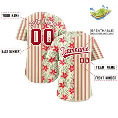 Hawaii Tropical Flower Stripe Baseball Jersey Khaki Red-Green 2