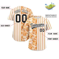 Hawaii Tropical Flower Stripe Baseball Jersey Orange White-Black 2