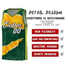Hunter Green Gold-Orange Tear Graffiti Basketball Jersey 2