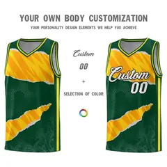 Hunter Green Gold-Orange Tear Graffiti Basketball Jersey 3