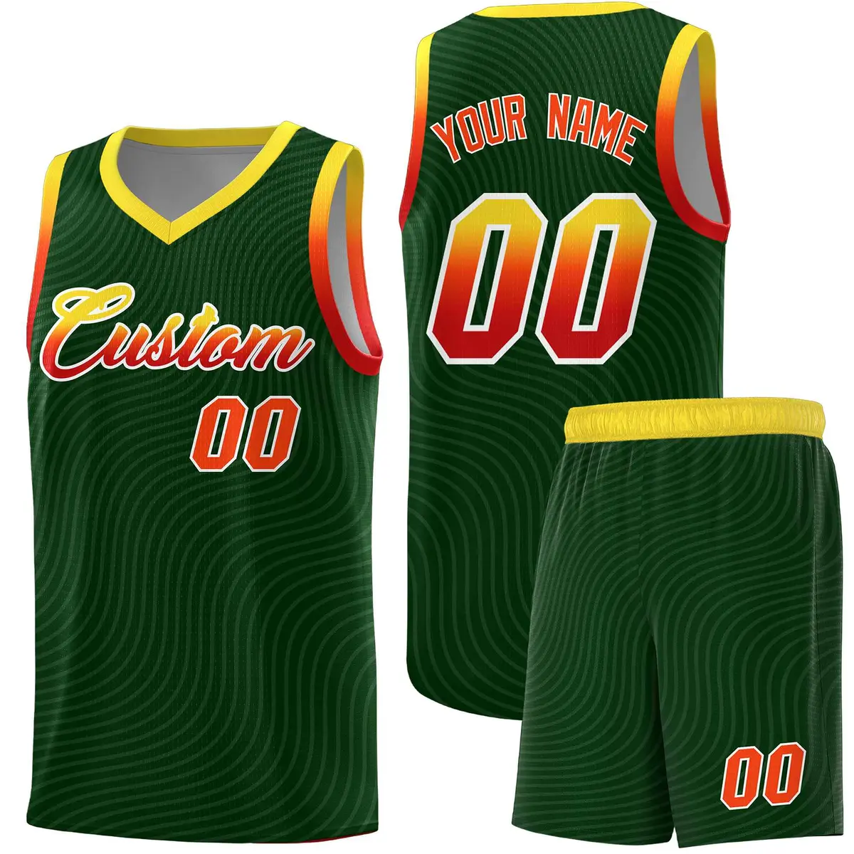 Hunter Green Gold Wave Pattern Basketball Uniform Jersey