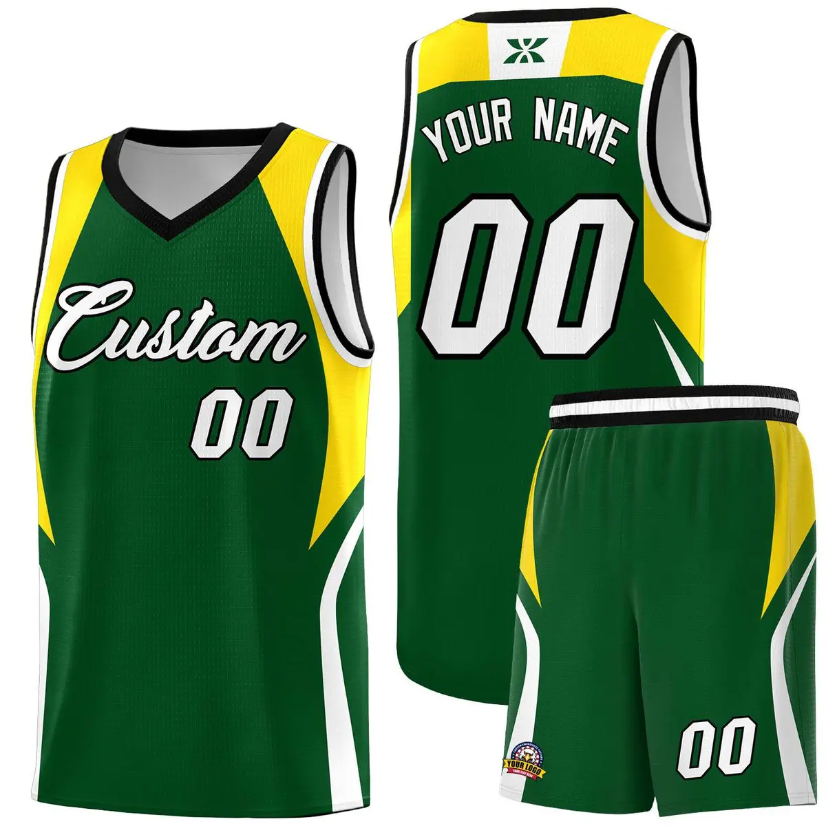 Hunter Green Gold White Color Block Basketball Jersey