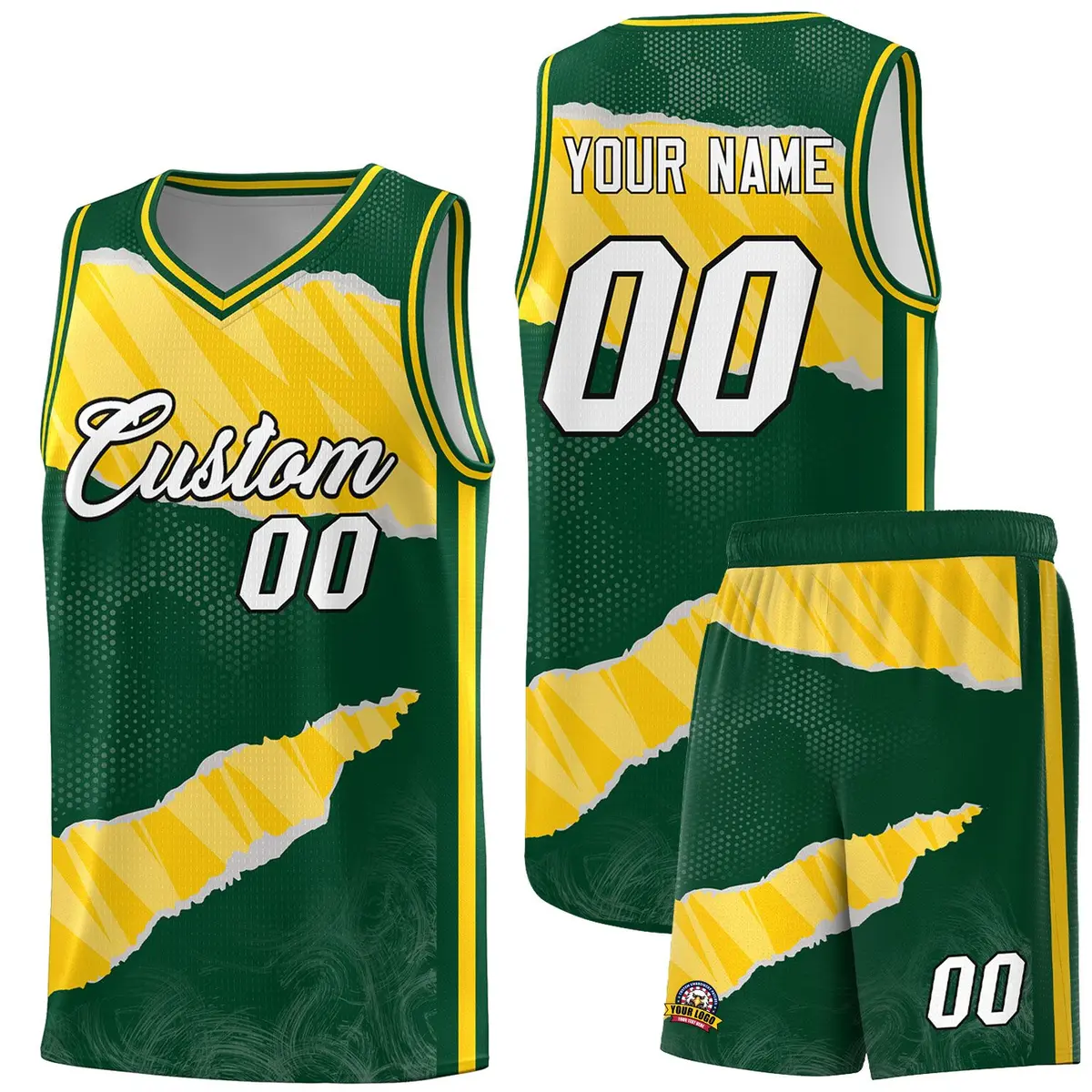 Hunter Green Gold-White Tear Graffiti Basketball Jersey