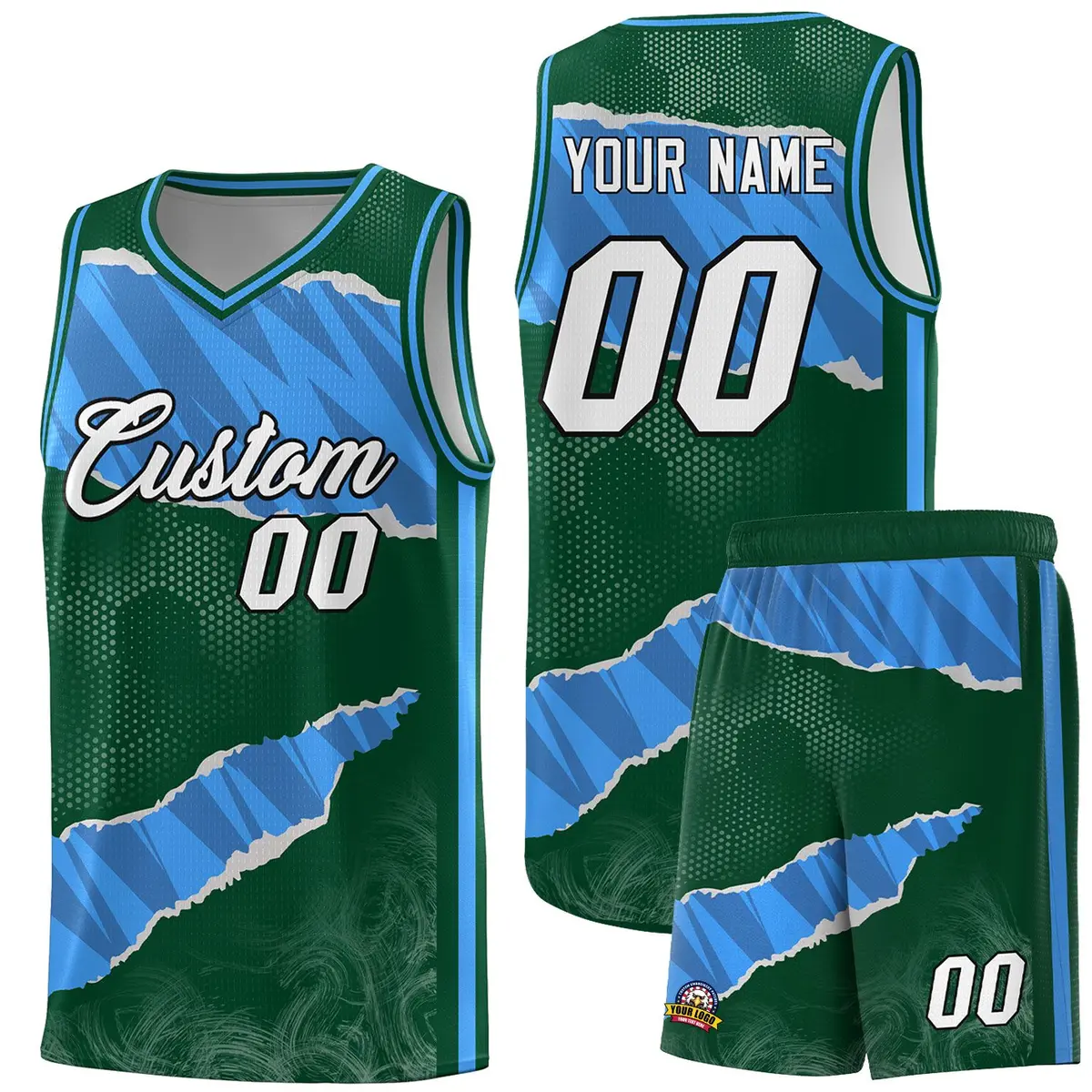 Hunter Green Light Blue-Navy Tear Graffiti Basketball Jersey