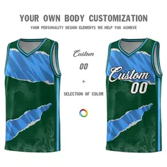 Hunter Green Light Blue-Navy Tear Graffiti Basketball Jersey 3