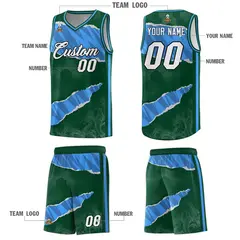 Hunter Green Light Blue-Navy Tear Graffiti Basketball Jersey 5