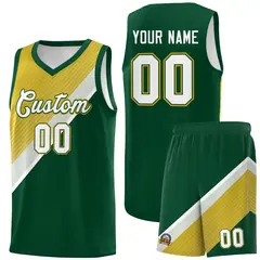 Hunter Green Old Gold Gray Diagonal Stripes Color Block Basketball Jersey 1