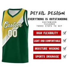 Hunter Green Old Gold Gray Diagonal Stripes Color Block Basketball Jersey 2