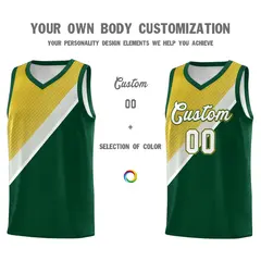 Hunter Green Old Gold Gray Diagonal Stripes Color Block Basketball Jersey 3