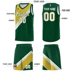 Hunter Green Old Gold Gray Diagonal Stripes Color Block Basketball Jersey 5