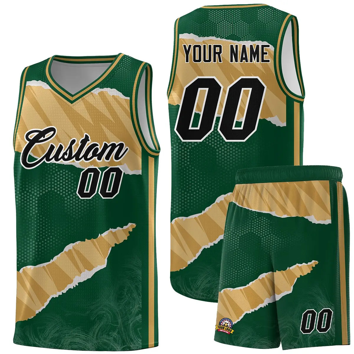 Hunter Green Old Gold Tear Graffiti Basketball Jersey