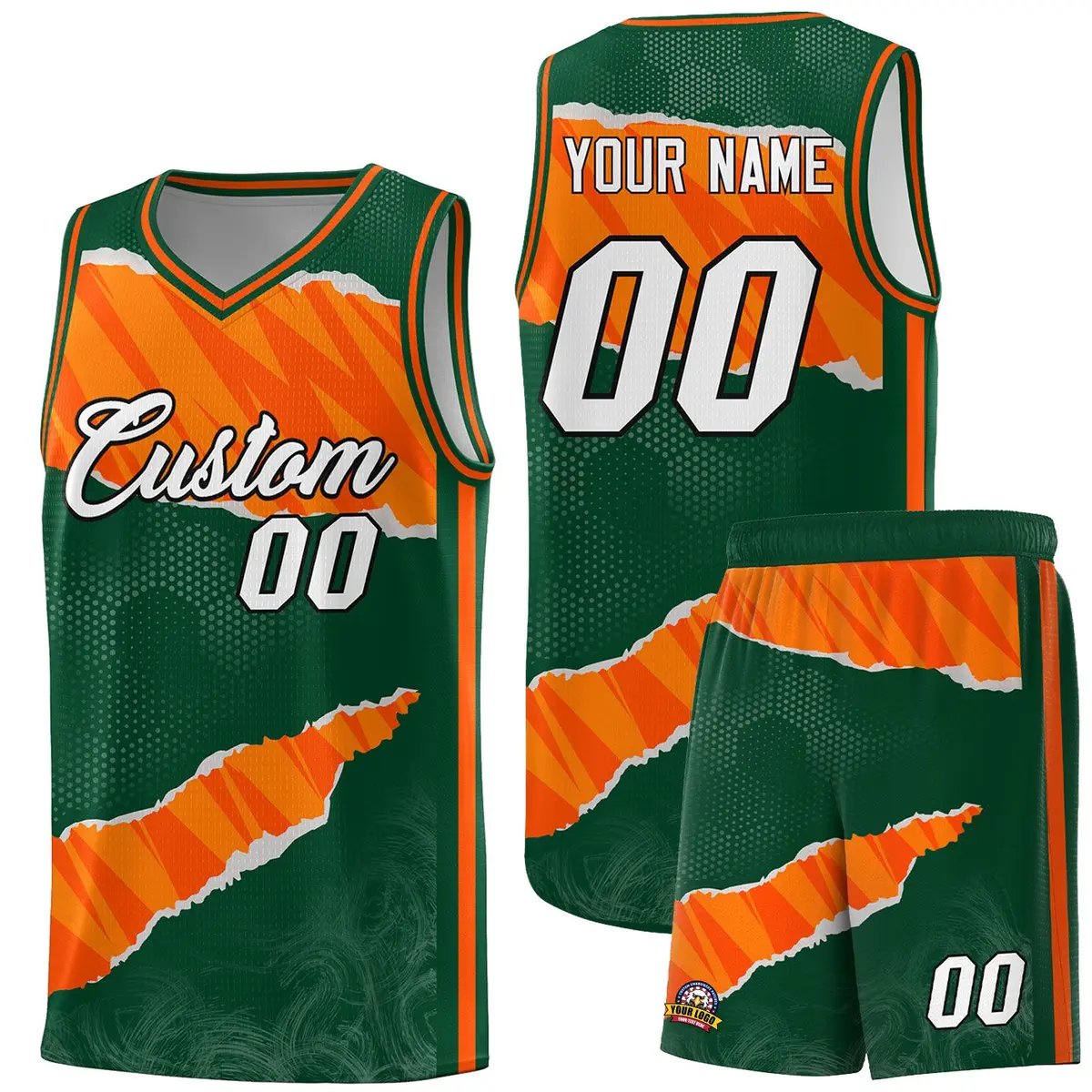 Hunter Green Orange-Gold Tear Graffiti Basketball Jersey