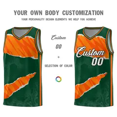 Hunter Green Orange-Gold Tear Graffiti Basketball Jersey 3