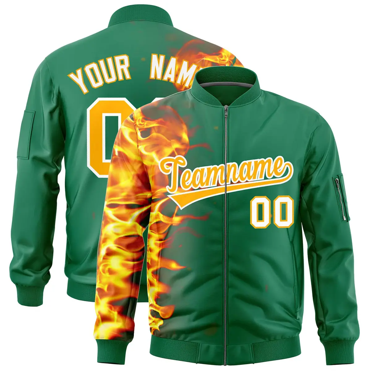 Kelly Green 3D Flame Full-Zip Varsity Letterman Bomber Jacket
