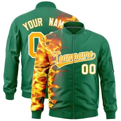 Kelly Green 3D Flame Full-Zip Varsity Letterman Bomber Jacket