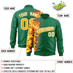 Kelly Green 3D Flame Full-Zip Varsity Letterman Bomber Jacket 2