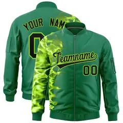 Kelly Green 3D Flame Full-Zip Varsity Letterman Bomber Jacket