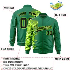Kelly Green 3D Flame Full-Zip Varsity Letterman Bomber Jacket 2