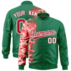 Kelly Green 3D Flame Full-Zip Varsity Letterman Bomber Jacket 1