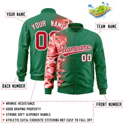 Kelly Green 3D Flame Full-Zip Varsity Letterman Bomber Jacket 2