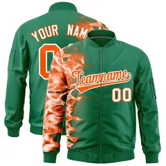 Kelly Green 3D Flame Full-Zip Varsity Letterman Bomber Jacket 1