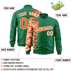 Kelly Green 3D Flame Full-Zip Varsity Letterman Bomber Jacket 2