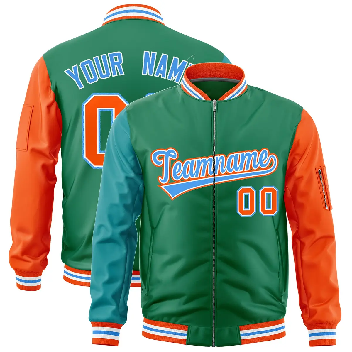 Kelly Green Aqua Orange Varsity Full-Zip Raglan Letterman Bomber Jacket