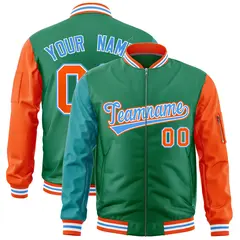 Kelly Green Aqua Orange Varsity Full-Zip Raglan Letterman Bomber Jacket