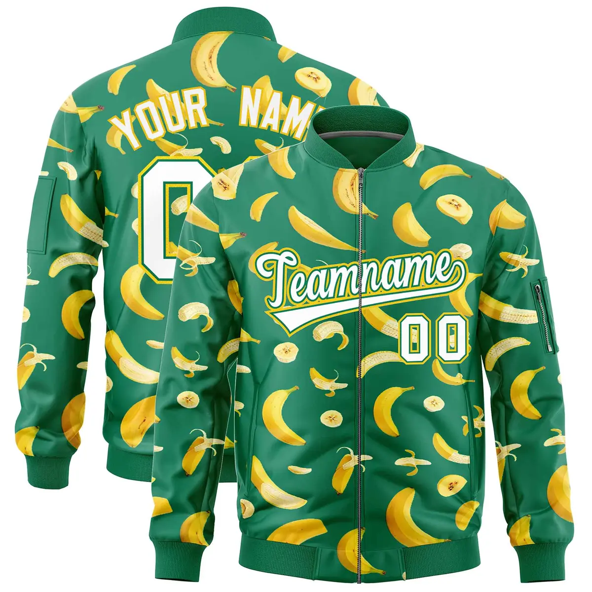 Kelly Green Banana Pattern Varsity Letterman Bomber Jacket