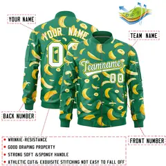Kelly Green Banana Pattern Varsity Letterman Bomber Jacket 2